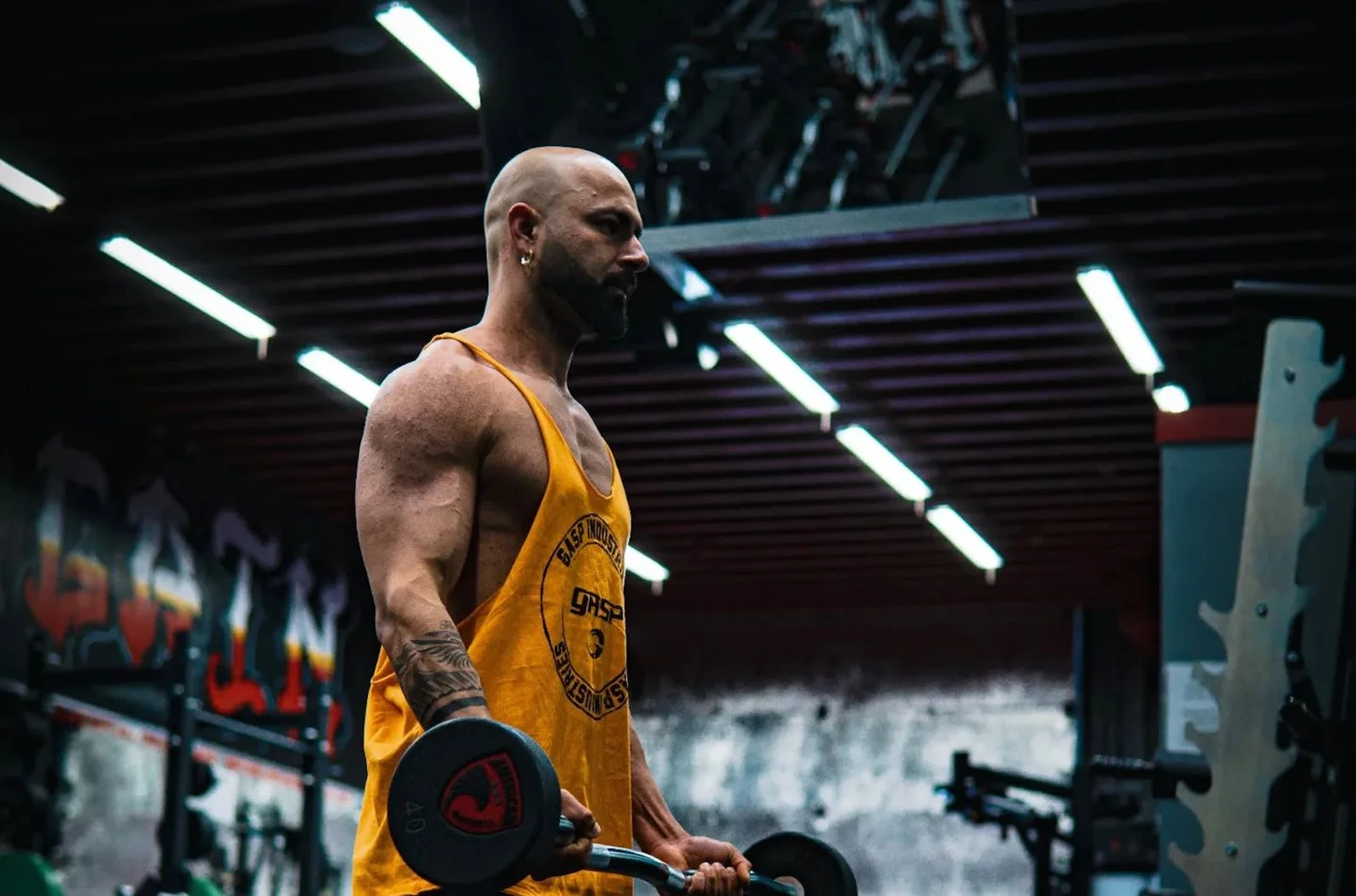 Barbell curls under the lights on the free-weight floor